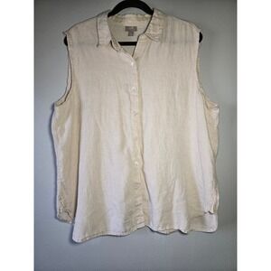 J Jill‎ Linen Blouse Women Large Petite Beige Sleeveless Button Front  Top